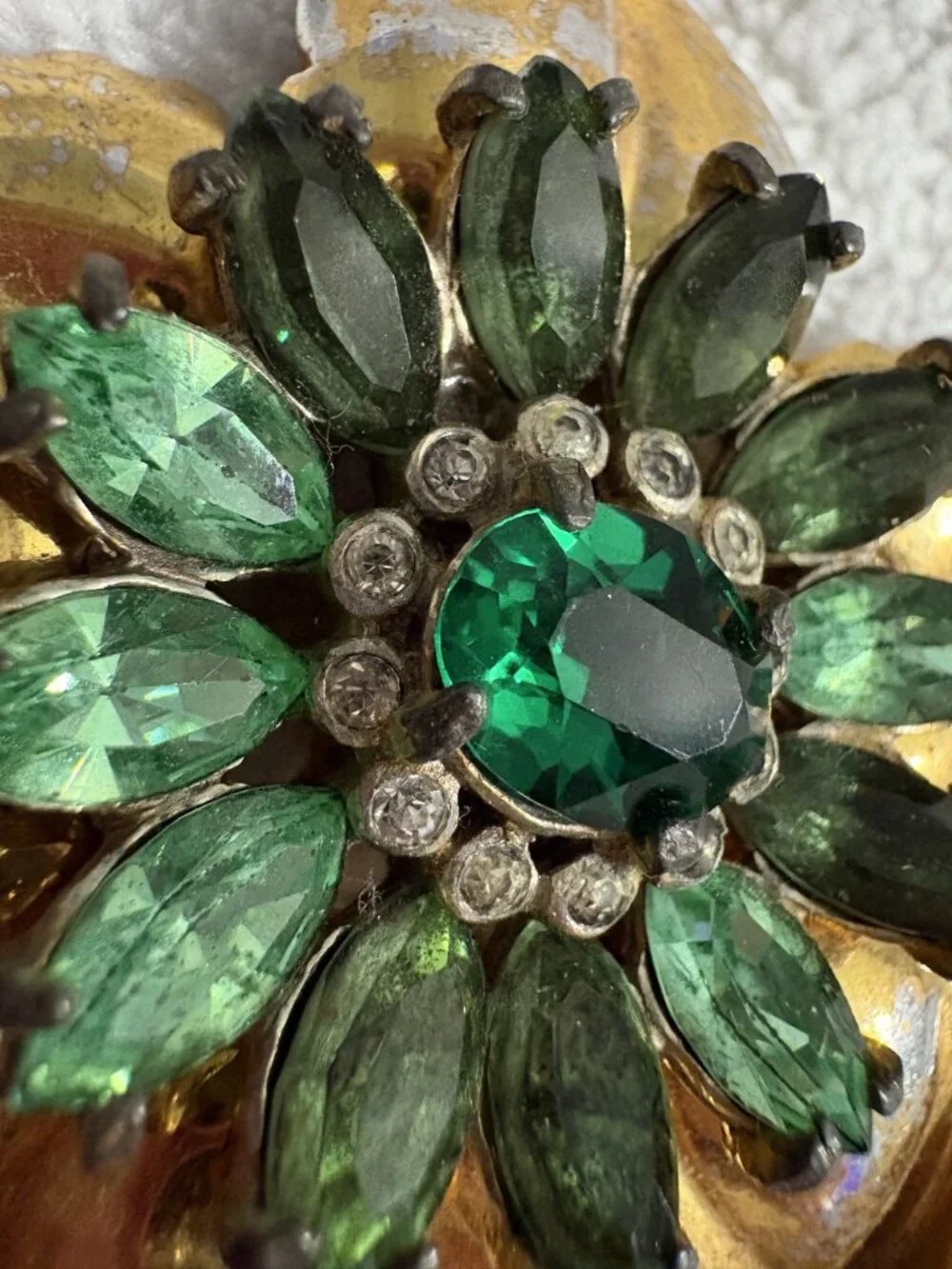 Vintage Mid Century Gold Tone Floral Brooch Green Marquise Rhinestone Flower Pin